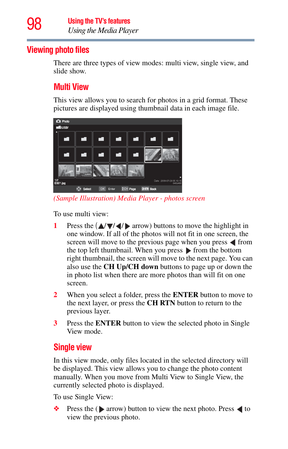 Viewing photo files | Toshiba Integrated High Definition LED Television 50L2200U User Manual | Page 98 / 131