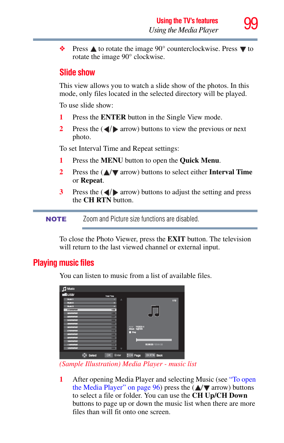 Playing music files, Slide show | Toshiba Integrated High Definition LED Television 50L2200U User Manual | Page 99 / 131