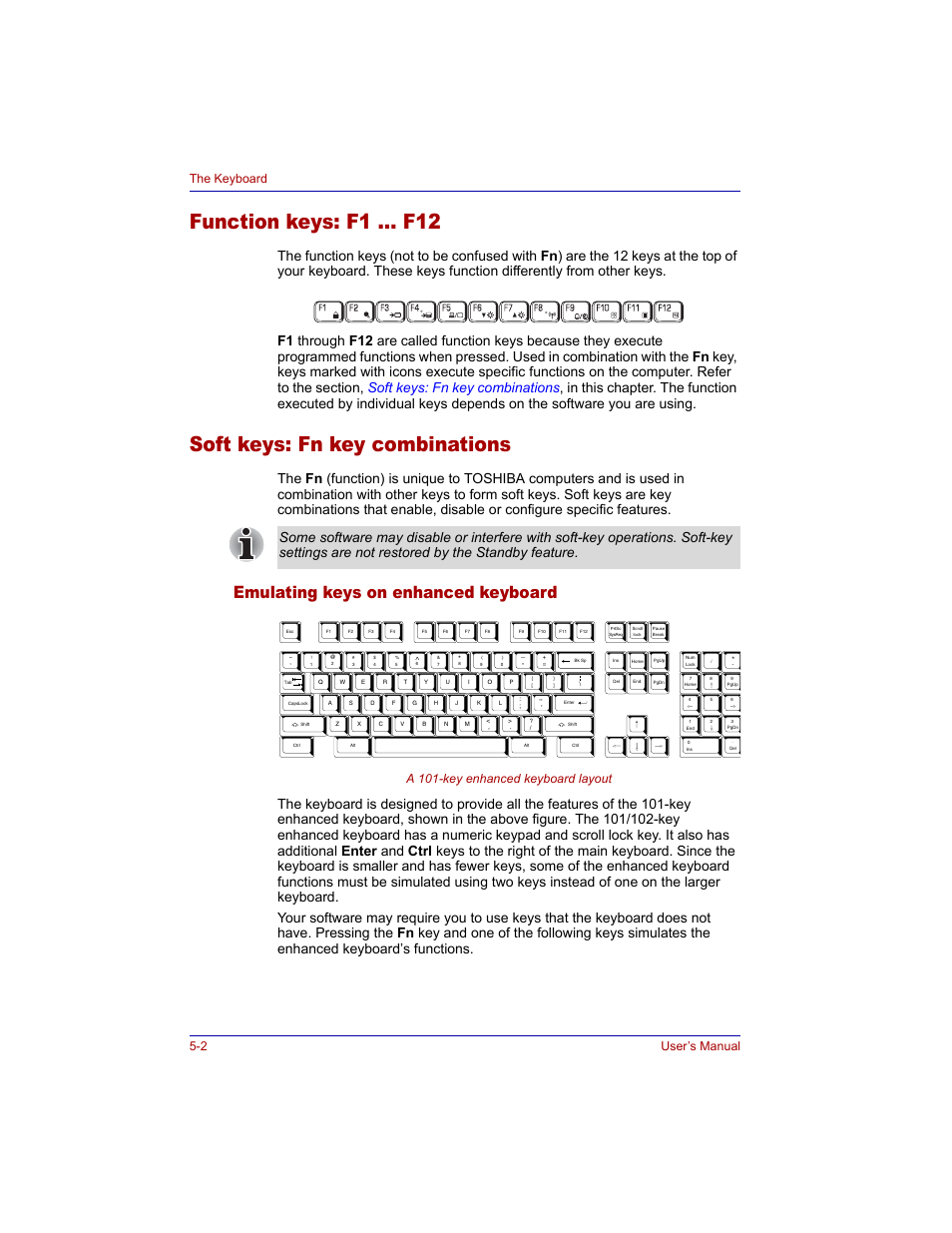 Function keys: f1 … f12, Soft keys: fn key combinations, Emulating keys on enhanced keyboard | Emulating keys on enhanced keyboard -2, 2 user’s manual the keyboard, A 101-key enhanced keyboard layout | Toshiba M300 User Manual | Page 100 / 218