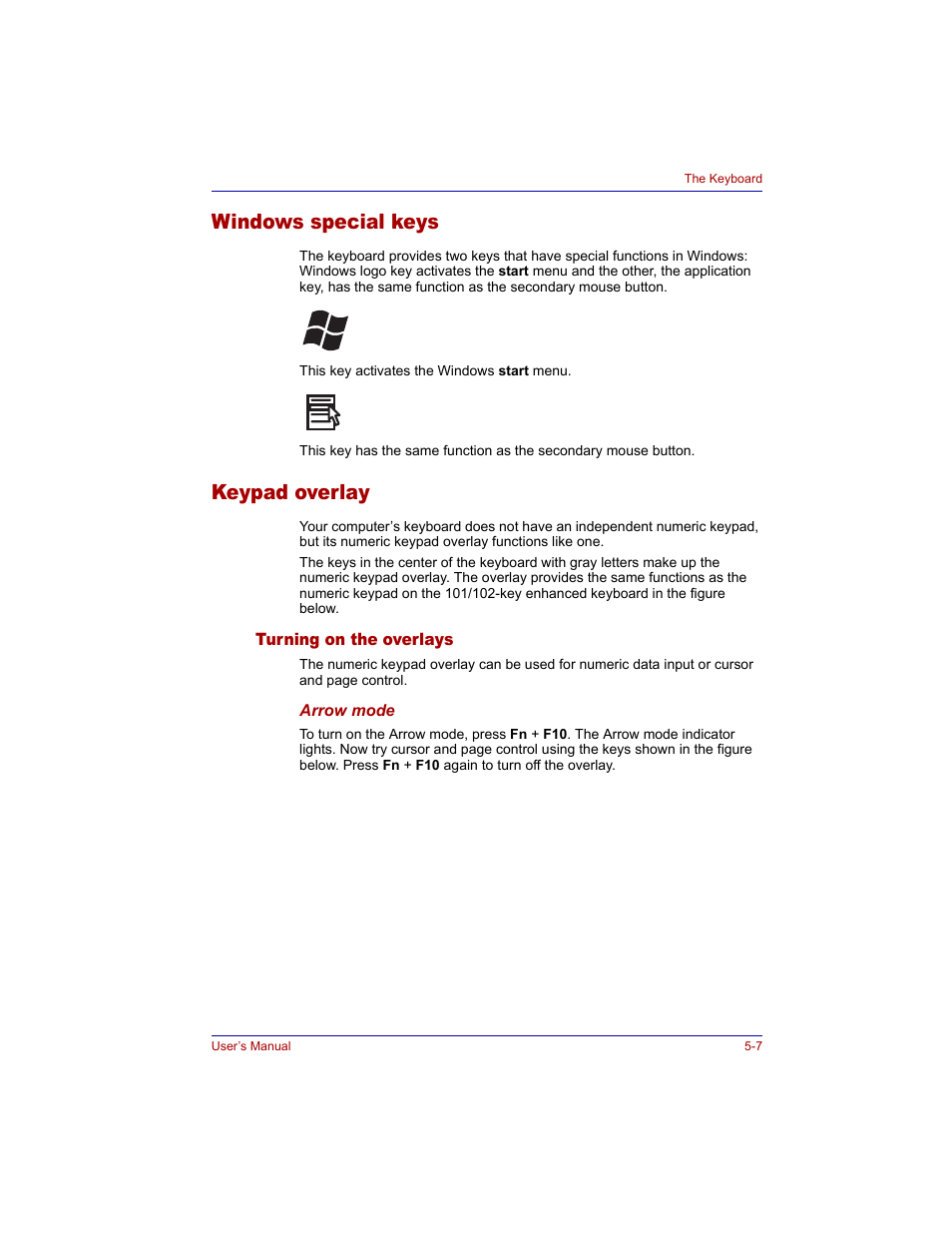 Windows special keys, Keypad overlay, Turning on the overlays | Windows special keys -7 keypad overlay -7, Turning on the overlays -7, Keypad, Overlay | Toshiba M300 User Manual | Page 105 / 218