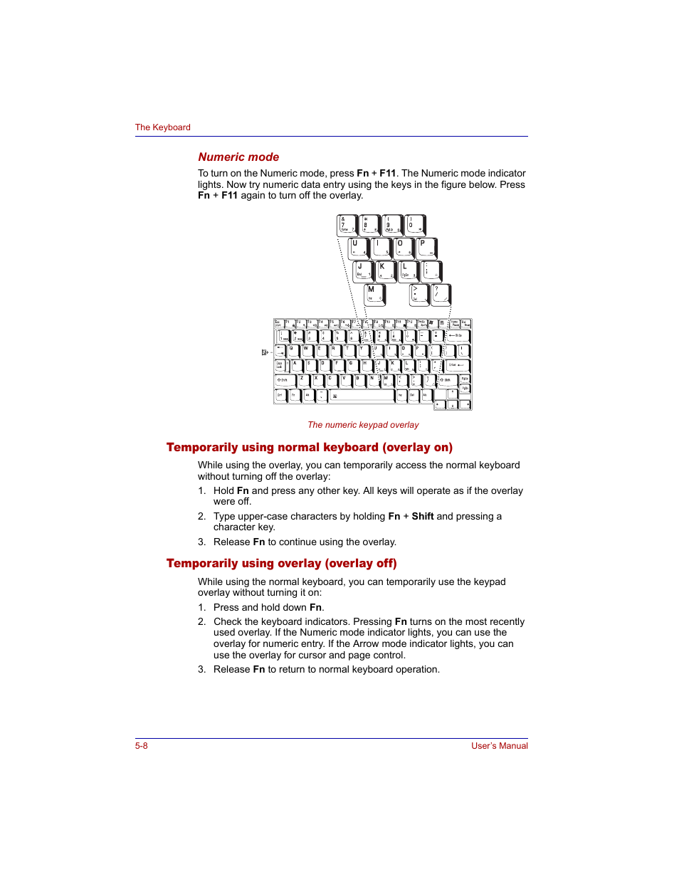 Temporarily using normal keyboard (overlay on), Temporarily using overlay (overlay off) | Toshiba M300 User Manual | Page 106 / 218