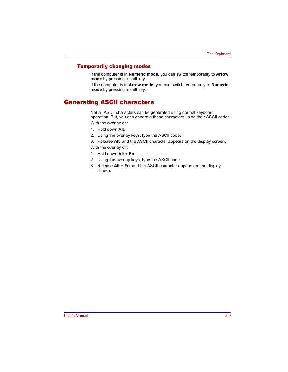 Temporarily changing modes, Generating ascii characters, Temporarily changing modes -9 | Generating ascii characters -9 | Toshiba M300 User Manual | Page 107 / 218