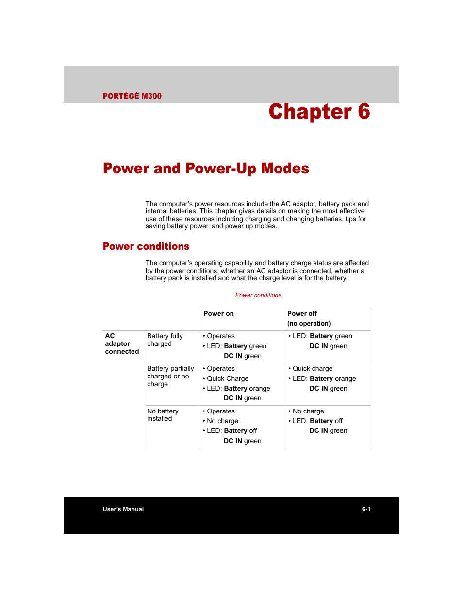 Chapter 6 - power and power-up modes, Power conditions, Chapter 6 | Power and power-up modes, Power conditions -1, Power and power-up, Modes | Toshiba M300 User Manual | Page 109 / 218