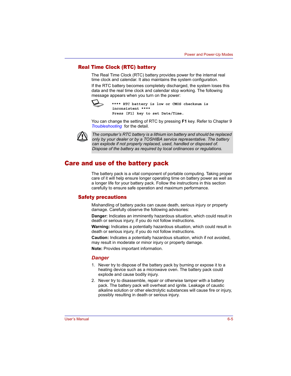 Real time clock (rtc) battery, Care and use of the battery pack, Safety precautions | Real time clock (rtc) battery -5, Care and use of the battery pack -5, Safety precautions -5 | Toshiba M300 User Manual | Page 113 / 218