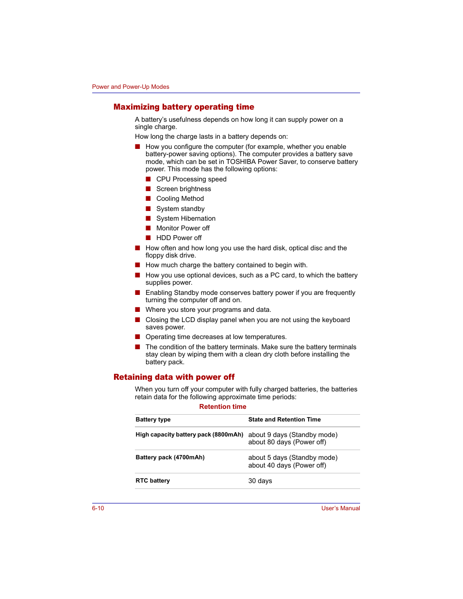 Maximizing battery operating time, Retaining data with power off | Toshiba M300 User Manual | Page 118 / 218