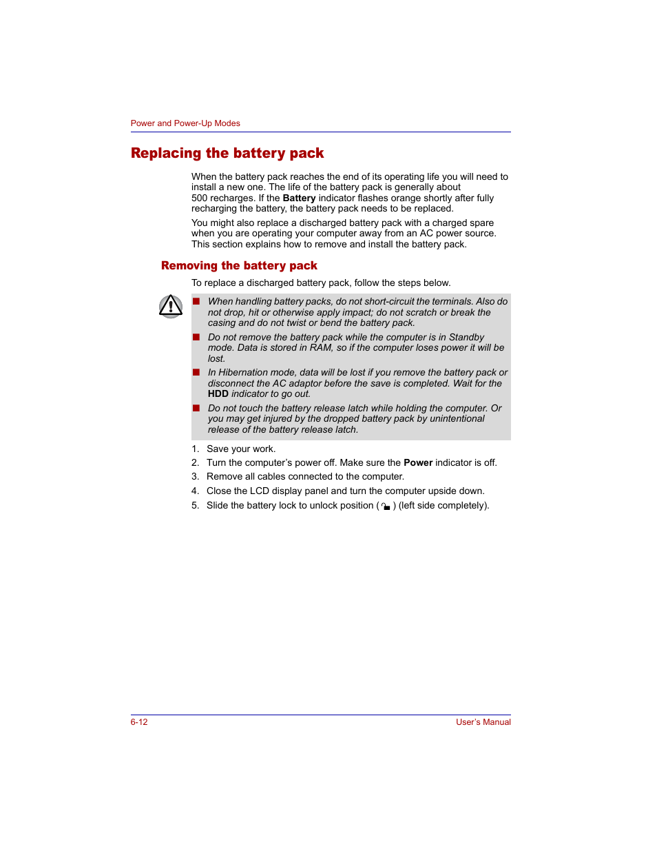 Replacing the battery pack, Removing the battery pack, Replacing the battery pack -12 | Removing the battery pack -12 | Toshiba M300 User Manual | Page 120 / 218