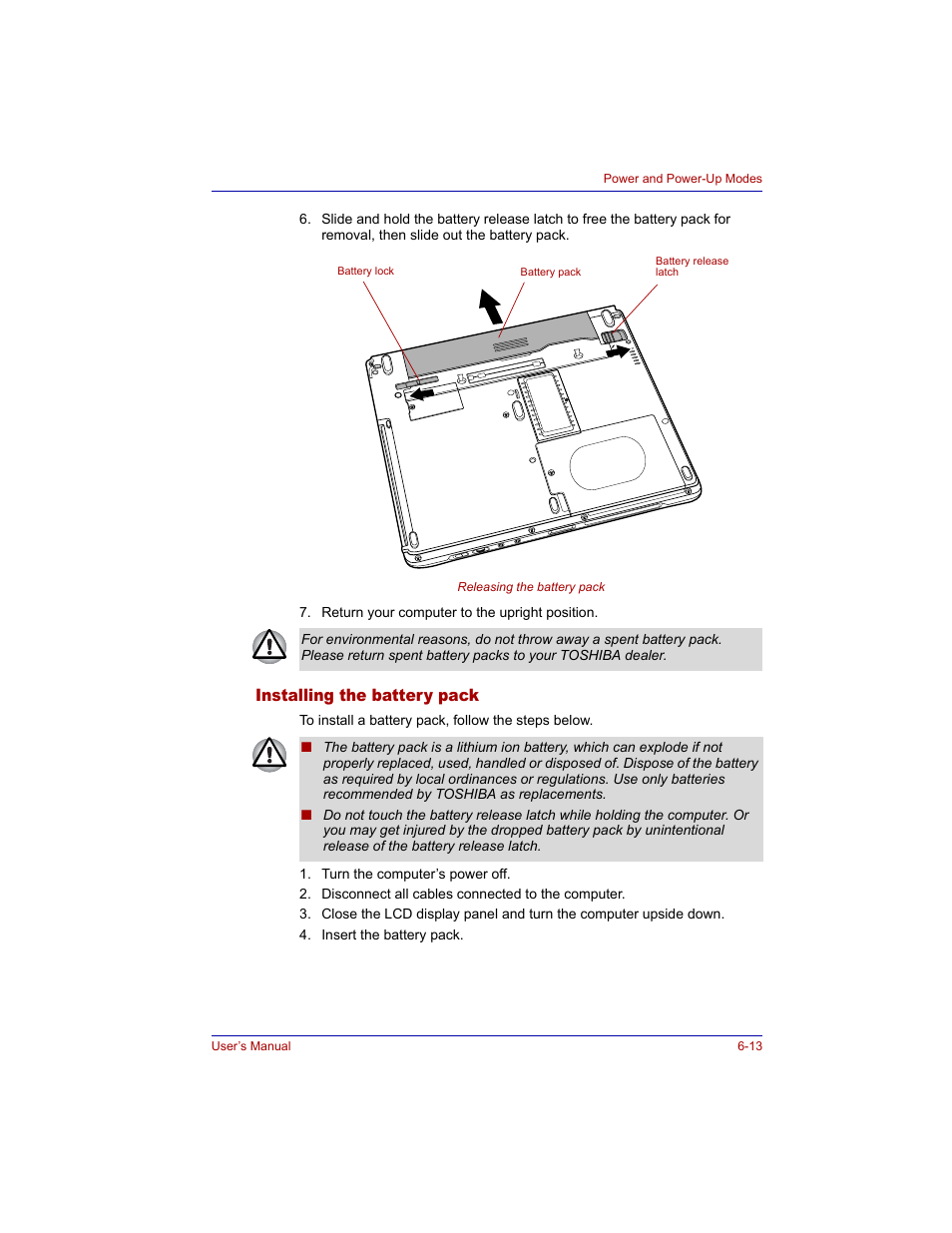 Installing the battery pack, Installing the battery pack -13 | Toshiba M300 User Manual | Page 121 / 218