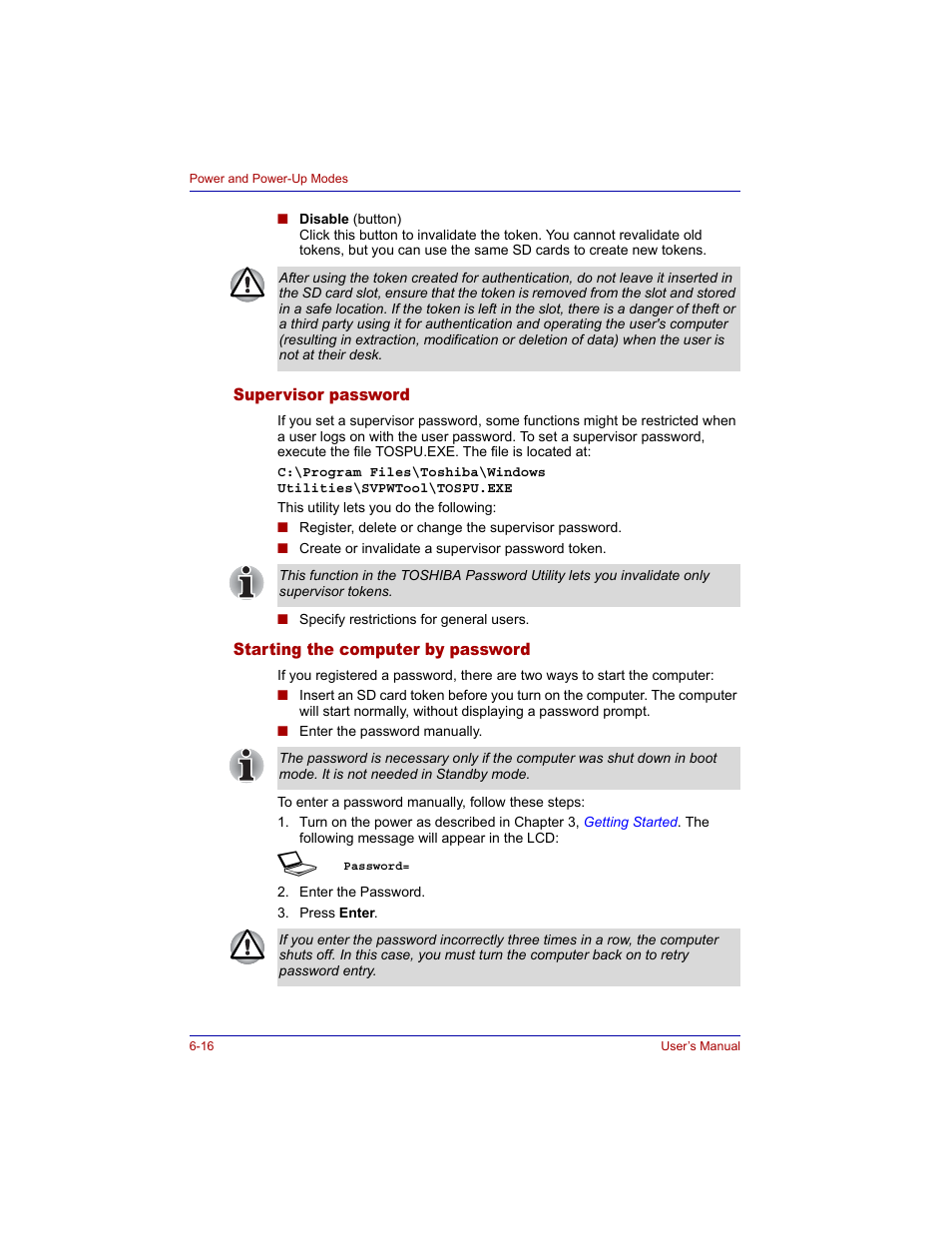 Supervisor password, Starting the computer by password | Toshiba M300 User Manual | Page 124 / 218