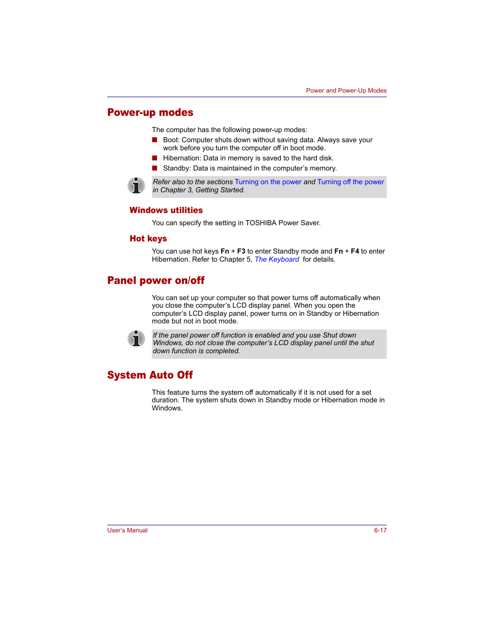 Power-up modes, Windows utilities, Hot keys | Panel power on/off, System auto off, Power-up modes -17, Windows utilities -17 hot keys -17, Panel power on/off -17 system auto off -17 | Toshiba M300 User Manual | Page 125 / 218