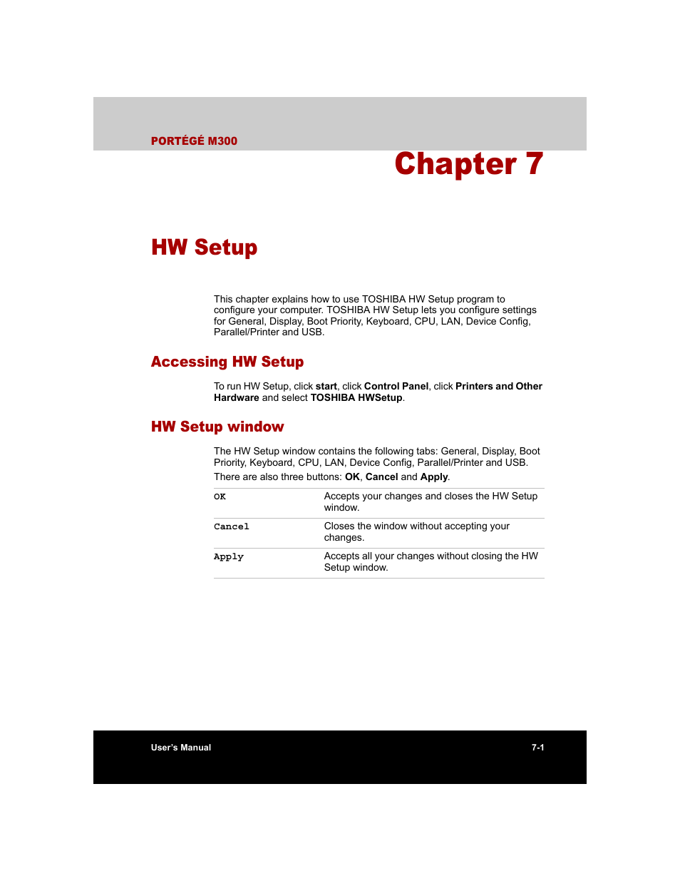 Chapter 7 - hw setup, Accessing hw setup, Hw setup window | Chapter 7, Hw setup, Accessing hw setup -1 hw setup window -1 | Toshiba M300 User Manual | Page 127 / 218