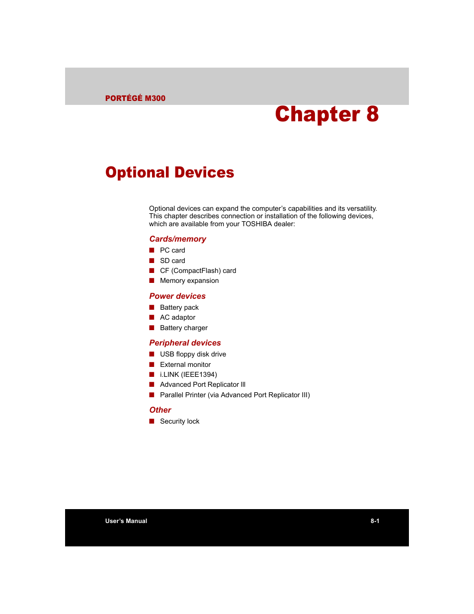 Chapter 8 - optional devices, Chapter 8, Optional devices | Apter 8 | Toshiba M300 User Manual | Page 135 / 218