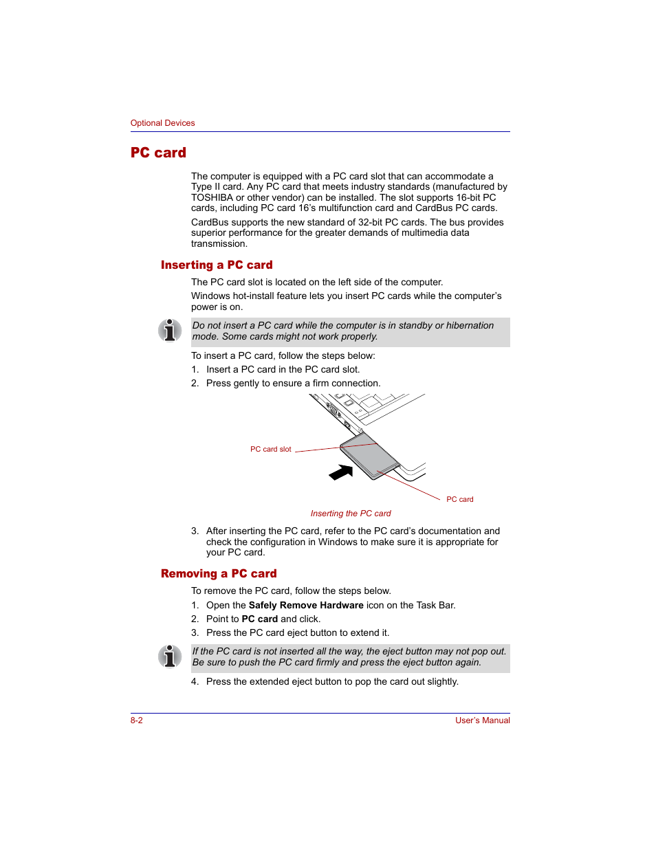 Pc card, Inserting a pc card, Removing a pc card | Pc card -2, Inserting a pc card -2 removing a pc card -2 | Toshiba M300 User Manual | Page 136 / 218