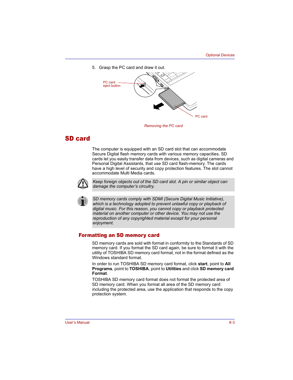 Sd card, Formatting an sd memory card, Sd card -3 | Formatting an sd memory card -3 | Toshiba M300 User Manual | Page 137 / 218