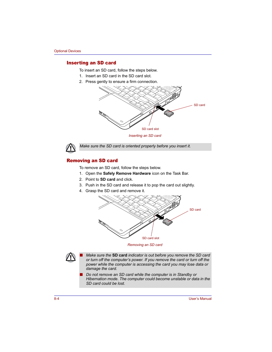 Inserting an sd card, Removing an sd card, Inserting an sd card -4 removing an sd card -4 | Toshiba M300 User Manual | Page 138 / 218