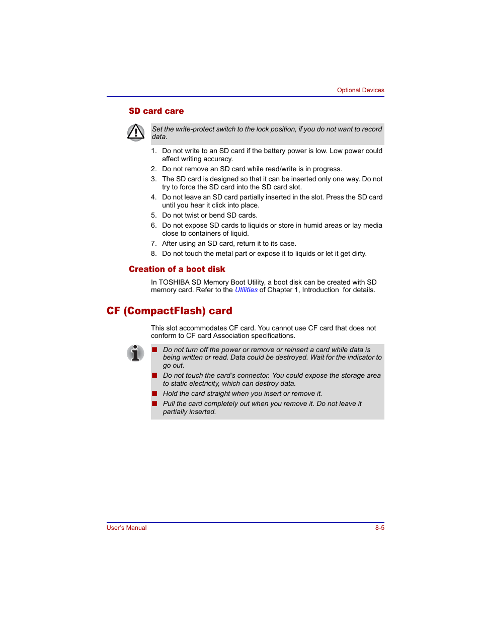 Sd card care, Creation of a boot disk, Cf (compactflash) card | Sd card care -5 creation of a boot disk -5, Cf (compactflash) card -5 | Toshiba M300 User Manual | Page 139 / 218