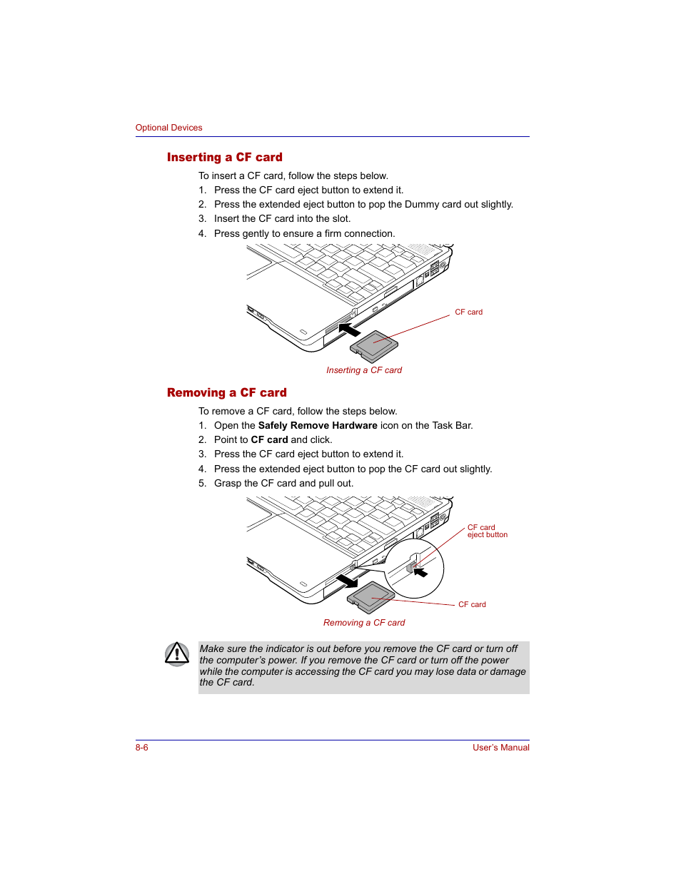 Inserting a cf card, Removing a cf card, Inserting a cf card -6 removing a cf card -6 | Toshiba M300 User Manual | Page 140 / 218