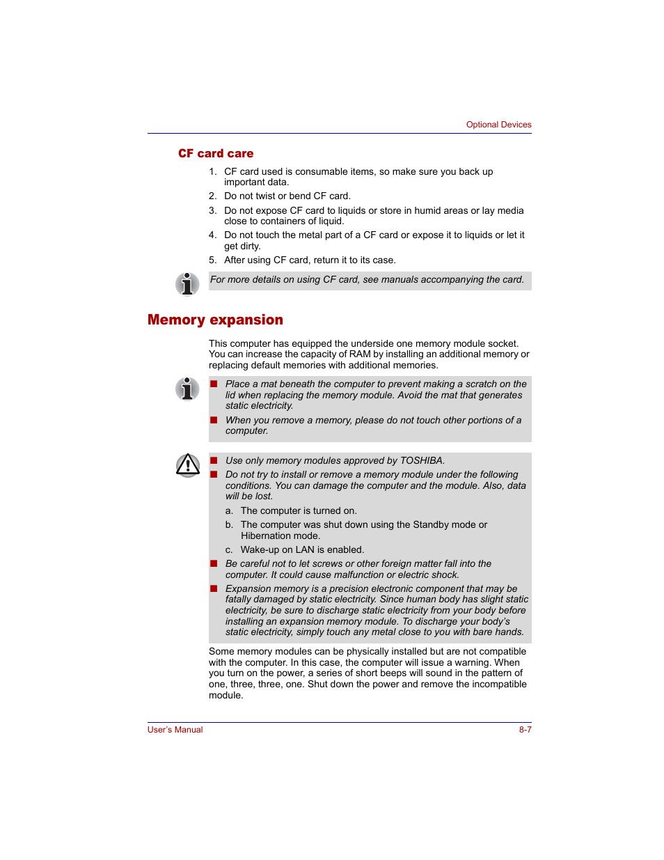 Cf card care, Memory expansion, Cf card care -7 | Memory expansion -7 | Toshiba M300 User Manual | Page 141 / 218