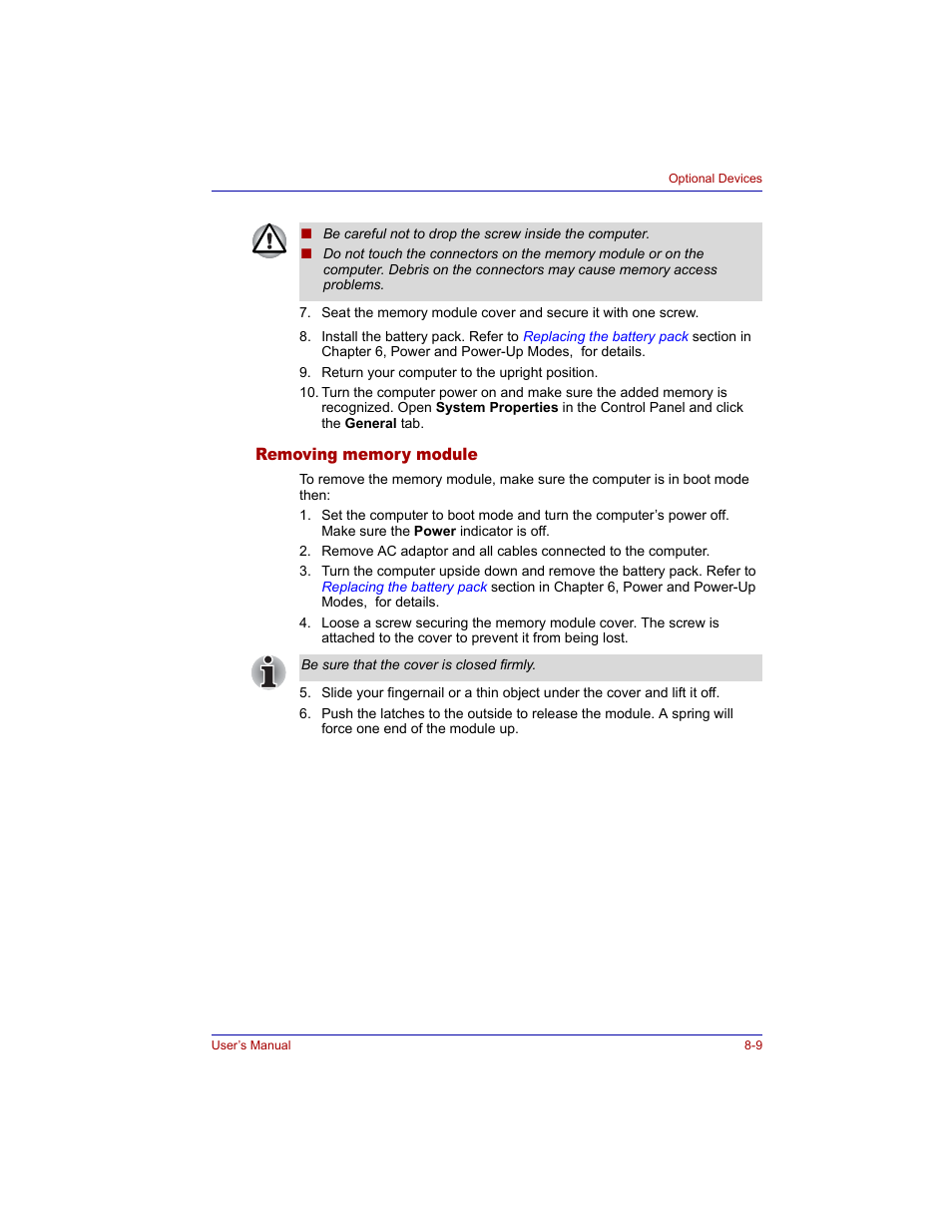 Removing memory module, Removing memory module -9 | Toshiba M300 User Manual | Page 143 / 218