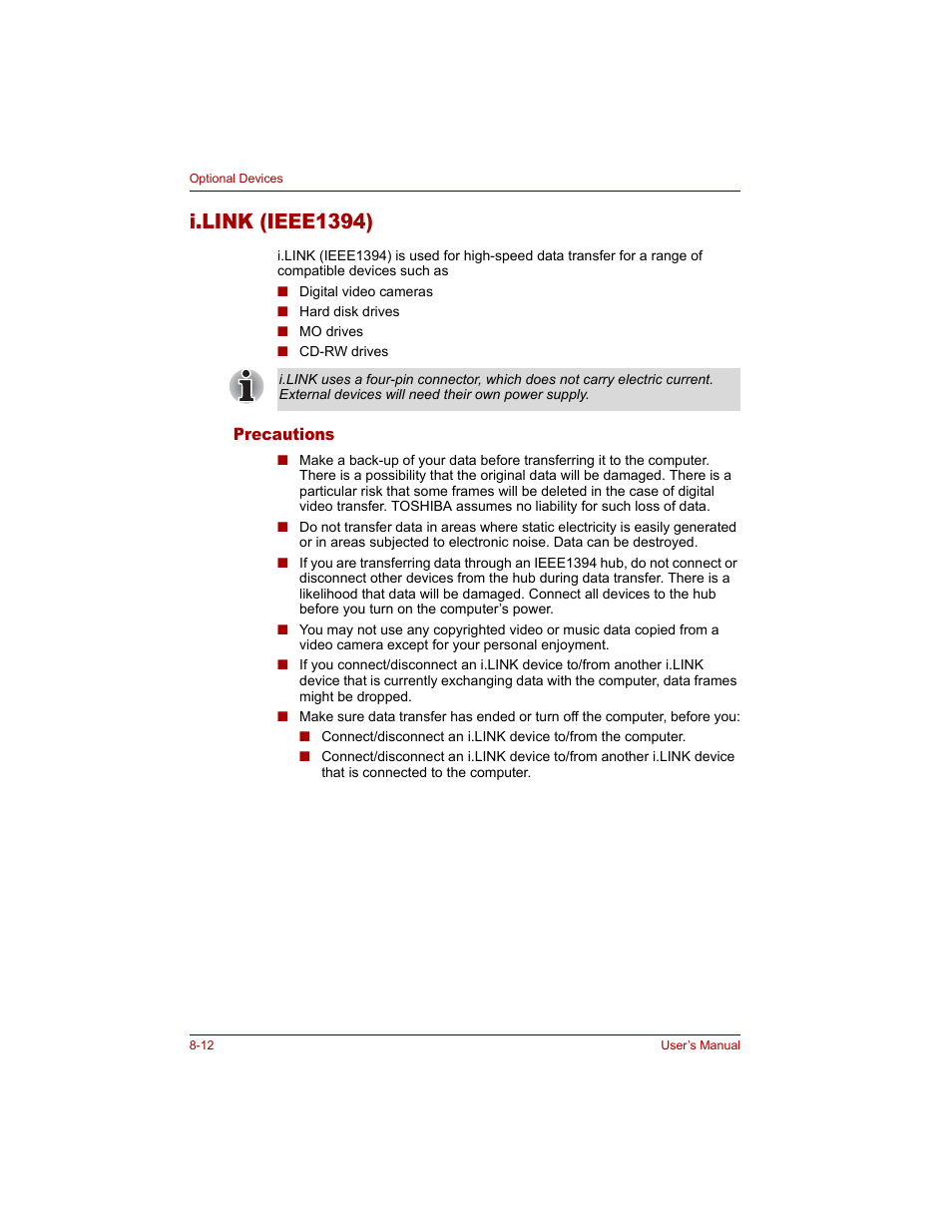 I.link (ieee1394), Precautions, I.link (ieee1394) -12 | Precautions -12 | Toshiba M300 User Manual | Page 146 / 218