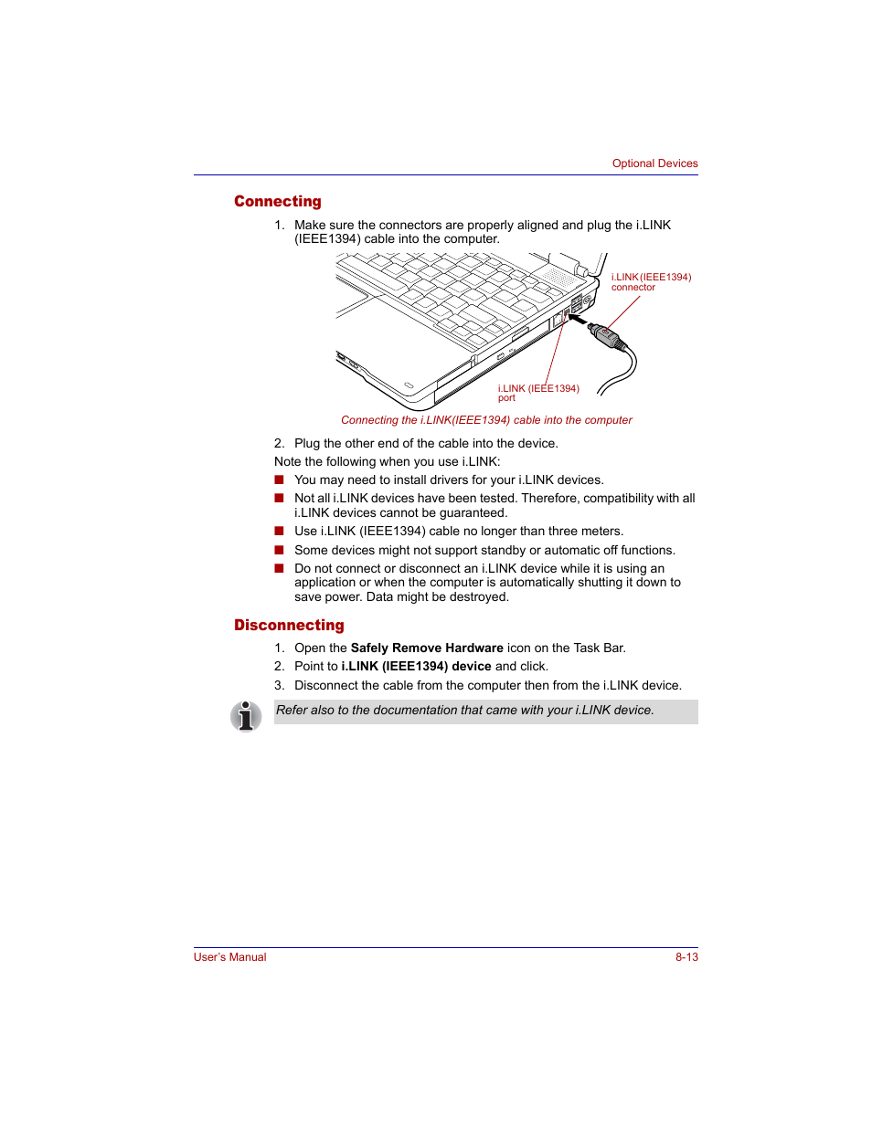 Connecting, Disconnecting, Connecting -13 disconnecting -13 | Toshiba M300 User Manual | Page 147 / 218