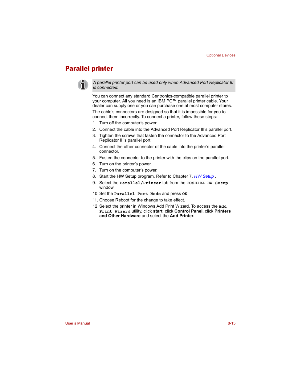 Parallel printer, Parallel printer -15 | Toshiba M300 User Manual | Page 149 / 218