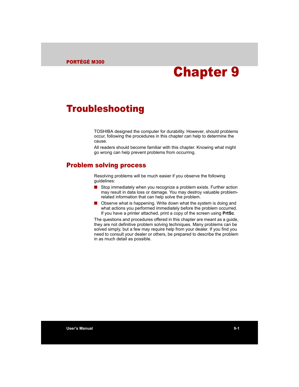 Chapter 9 - troubleshooting, Problem solving process, Chapter 9 | Troubleshooting, Problem solving process -1 | Toshiba M300 User Manual | Page 151 / 218