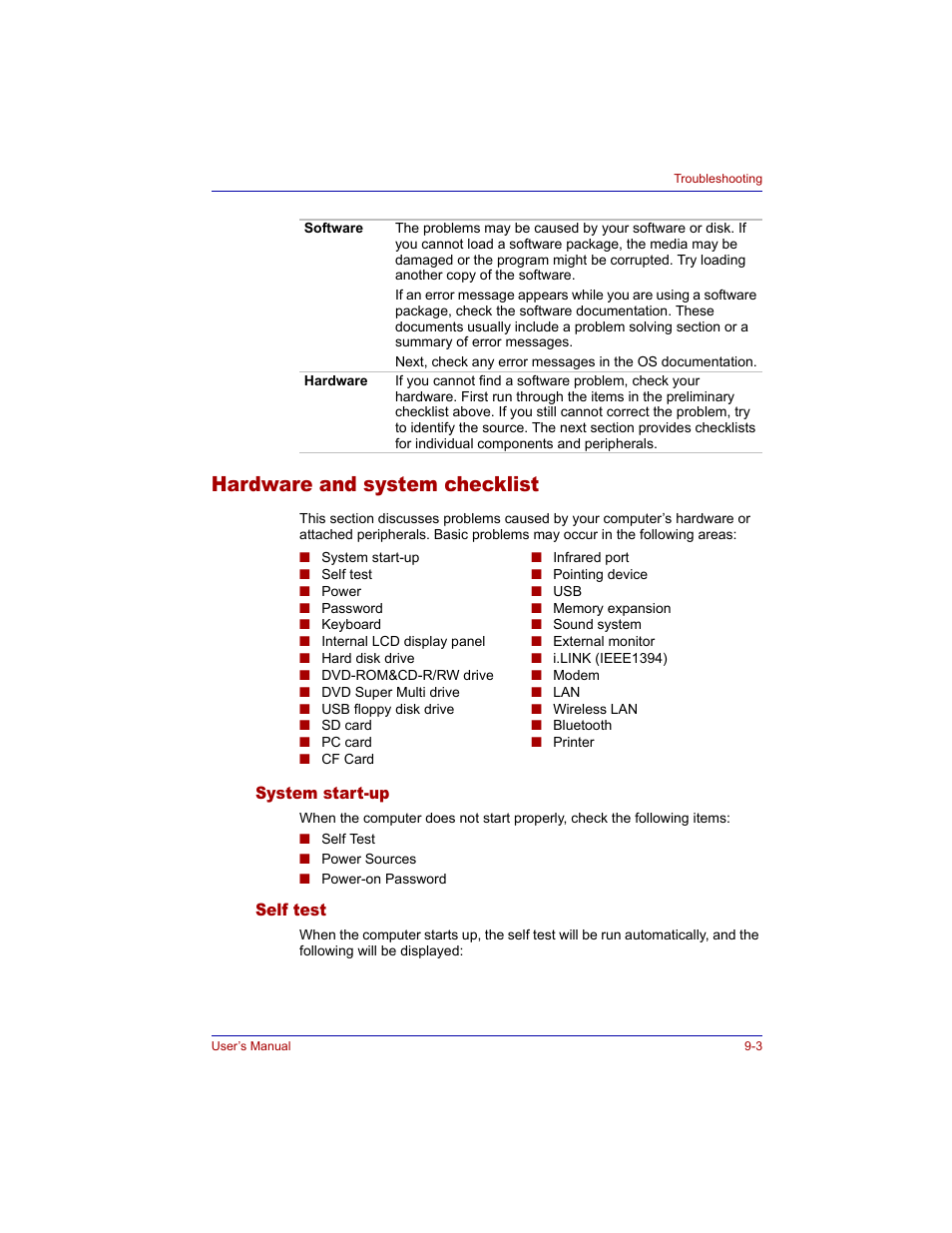 Hardware and system checklist, System start-up, Self test | Hardware and system checklist -3, System start-up -3 self test -3 | Toshiba M300 User Manual | Page 153 / 218