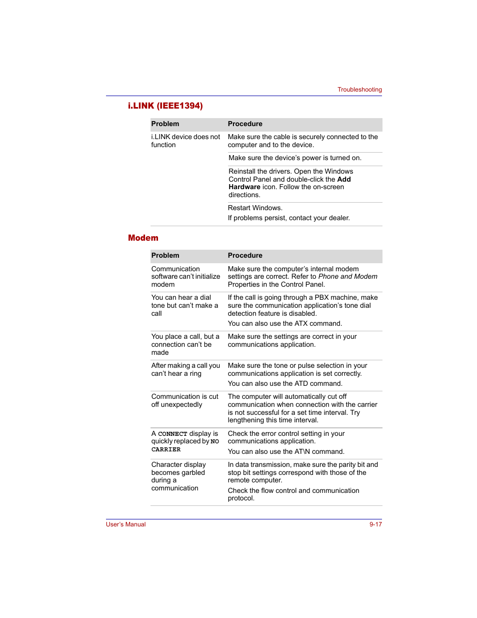 I.link (ieee1394), Modem, I.link (ieee1394) -17 modem -17 | Toshiba M300 User Manual | Page 167 / 218