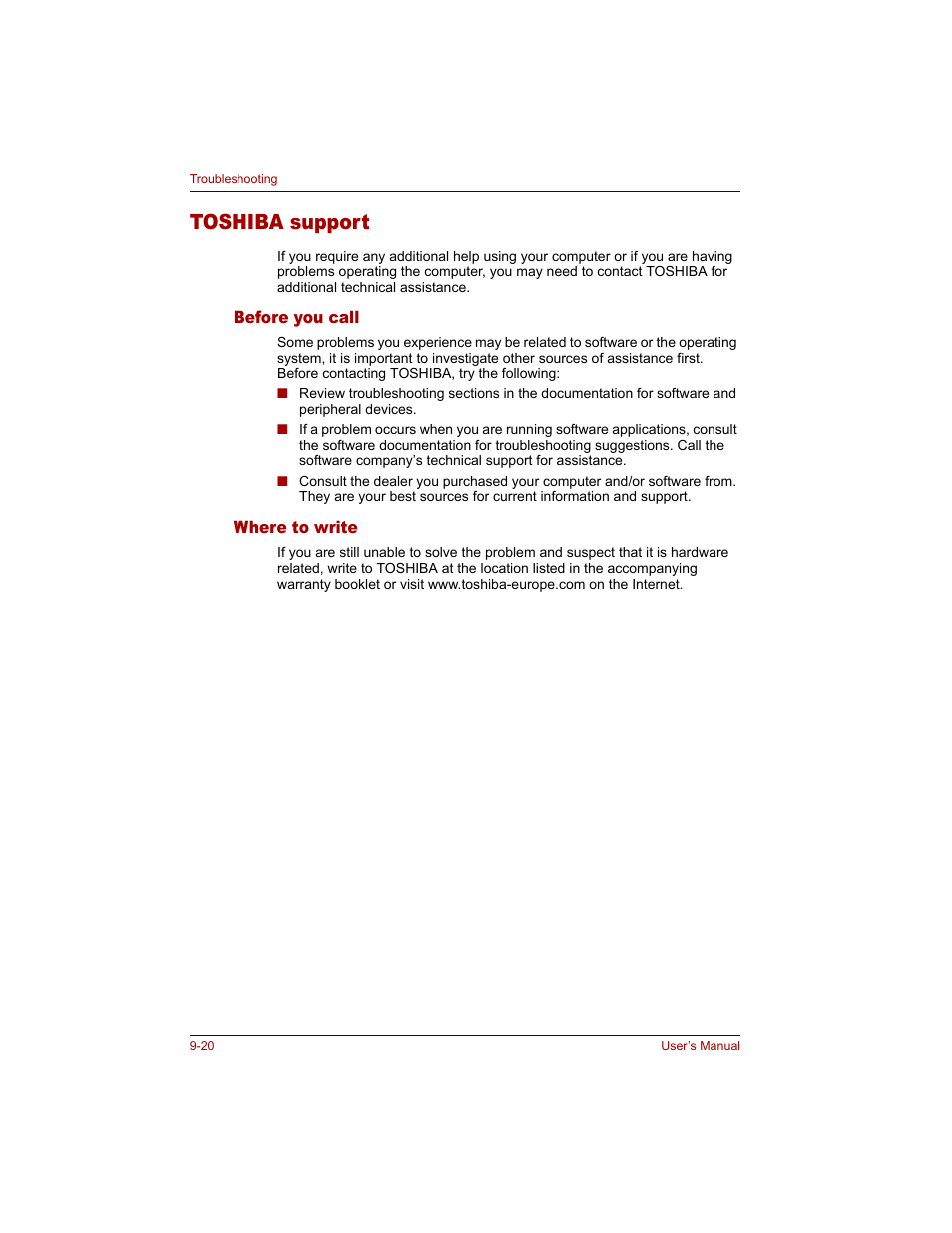 Toshiba support, Before you call, Where to write | Toshiba support -20, Before you call -20 where to write -20 | Toshiba M300 User Manual | Page 170 / 218