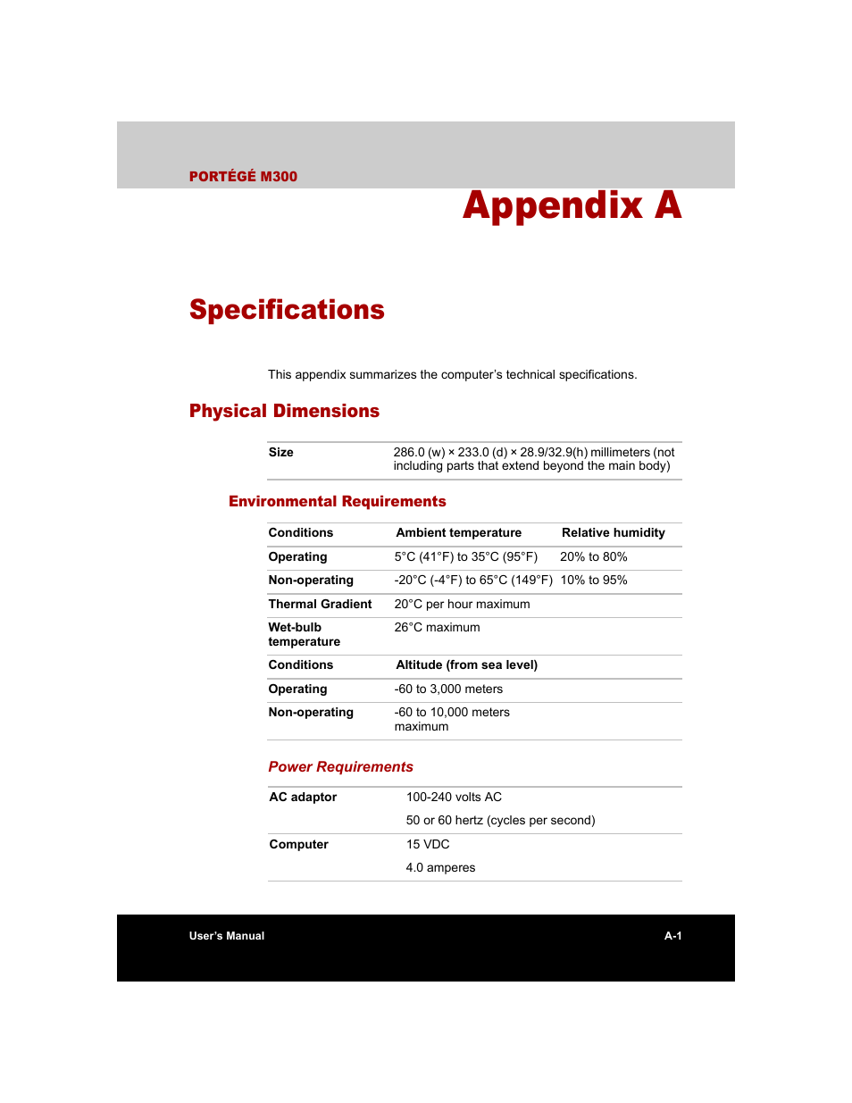 Appendix a - specifications, Physical dimensions, Environmental requirements | Appendix a, Specifications | Toshiba M300 User Manual | Page 171 / 218