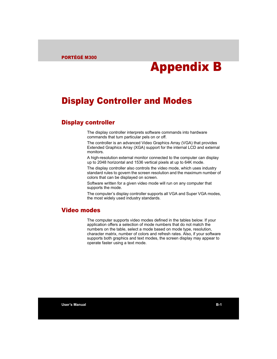 Appendix b - display controller and modes, Display controller, Video modes | Appendix b, Display controller and modes, Display controller and, Modes, And modes | Toshiba M300 User Manual | Page 173 / 218