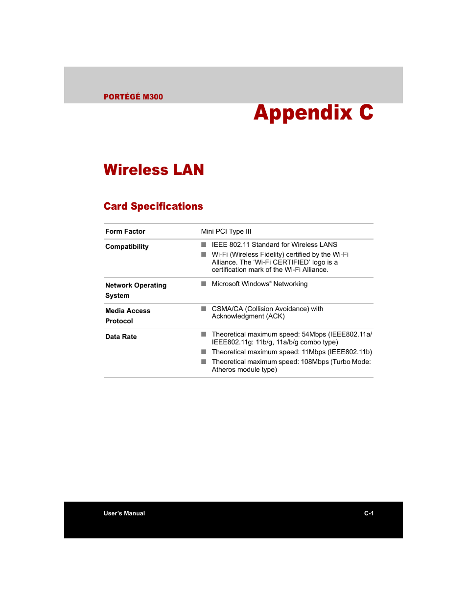 Appendix c - wireless lan, Card specifications, Appendix c | Wireless lan | Toshiba M300 User Manual | Page 181 / 218