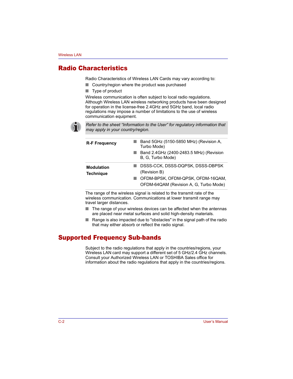 Radio characteristics, Supported frequency sub-bands | Toshiba M300 User Manual | Page 182 / 218