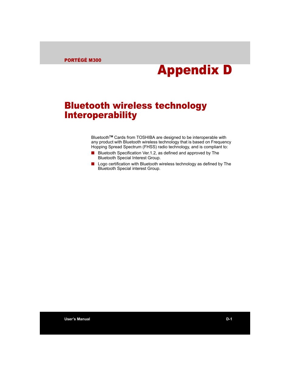 Appendix d, Bluetooth wireless technology interoperability | Toshiba M300 User Manual | Page 187 / 218