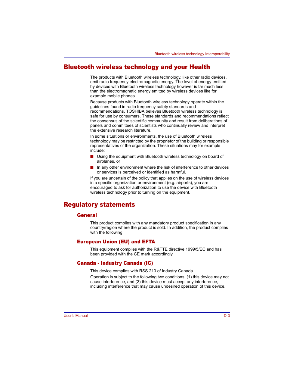 Bluetooth wireless technology and your health, Regulatory statements, General | European union (eu) and efta, Canada - industry canada (ic) | Toshiba M300 User Manual | Page 189 / 218