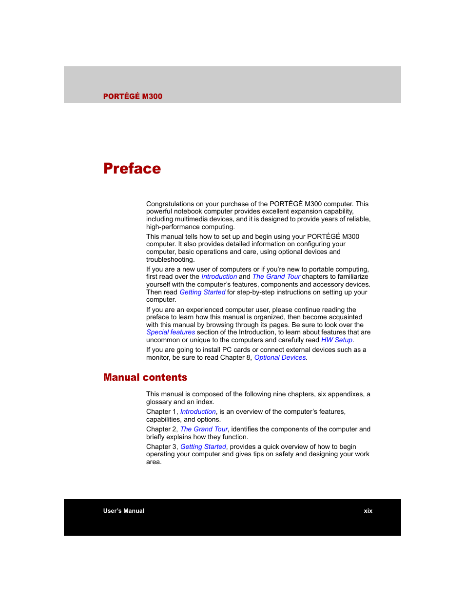 Preface, Manual contents | Toshiba M300 User Manual | Page 19 / 218