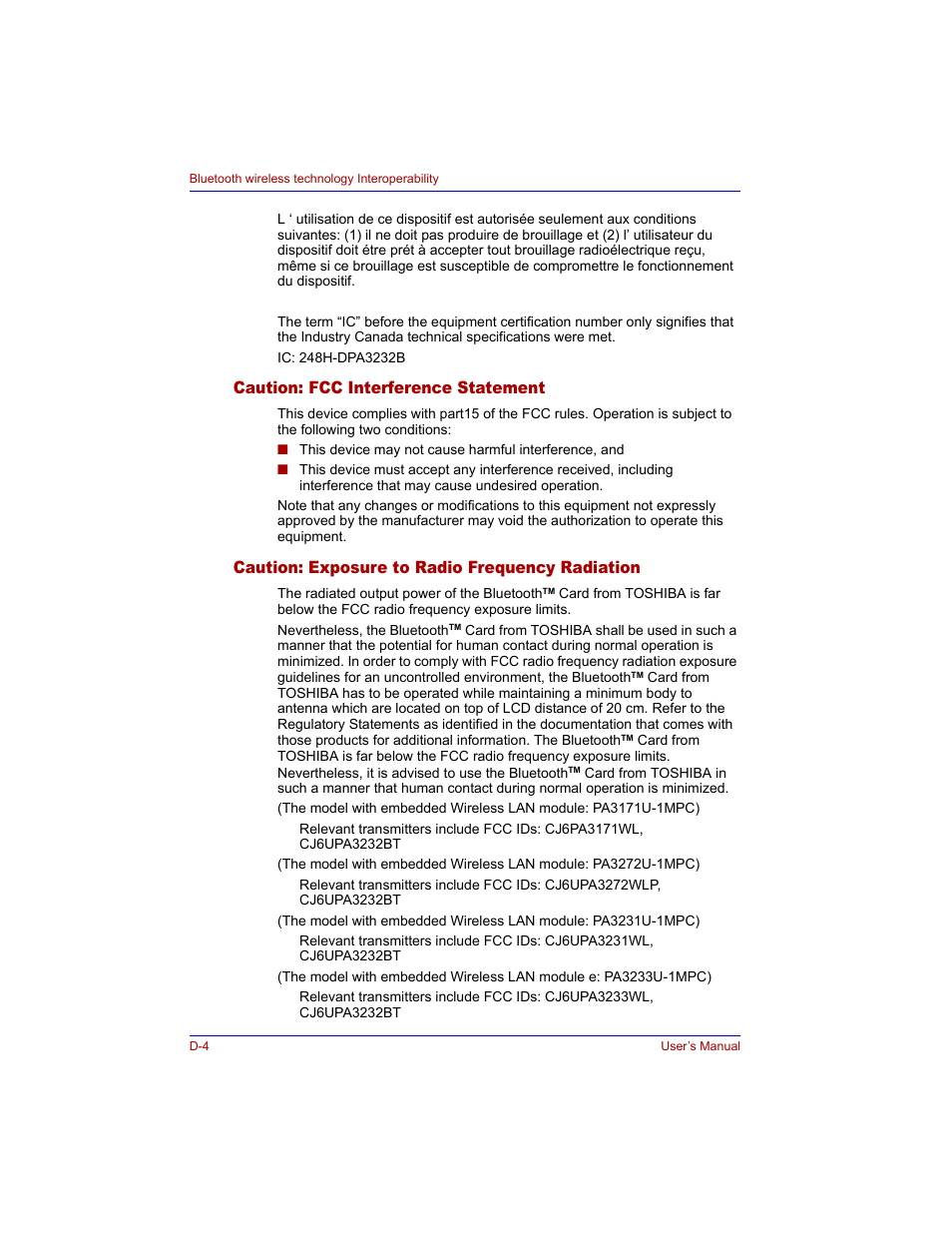 Caution: fcc interference statement, Caution: exposure to radio frequency radiation | Toshiba M300 User Manual | Page 190 / 218