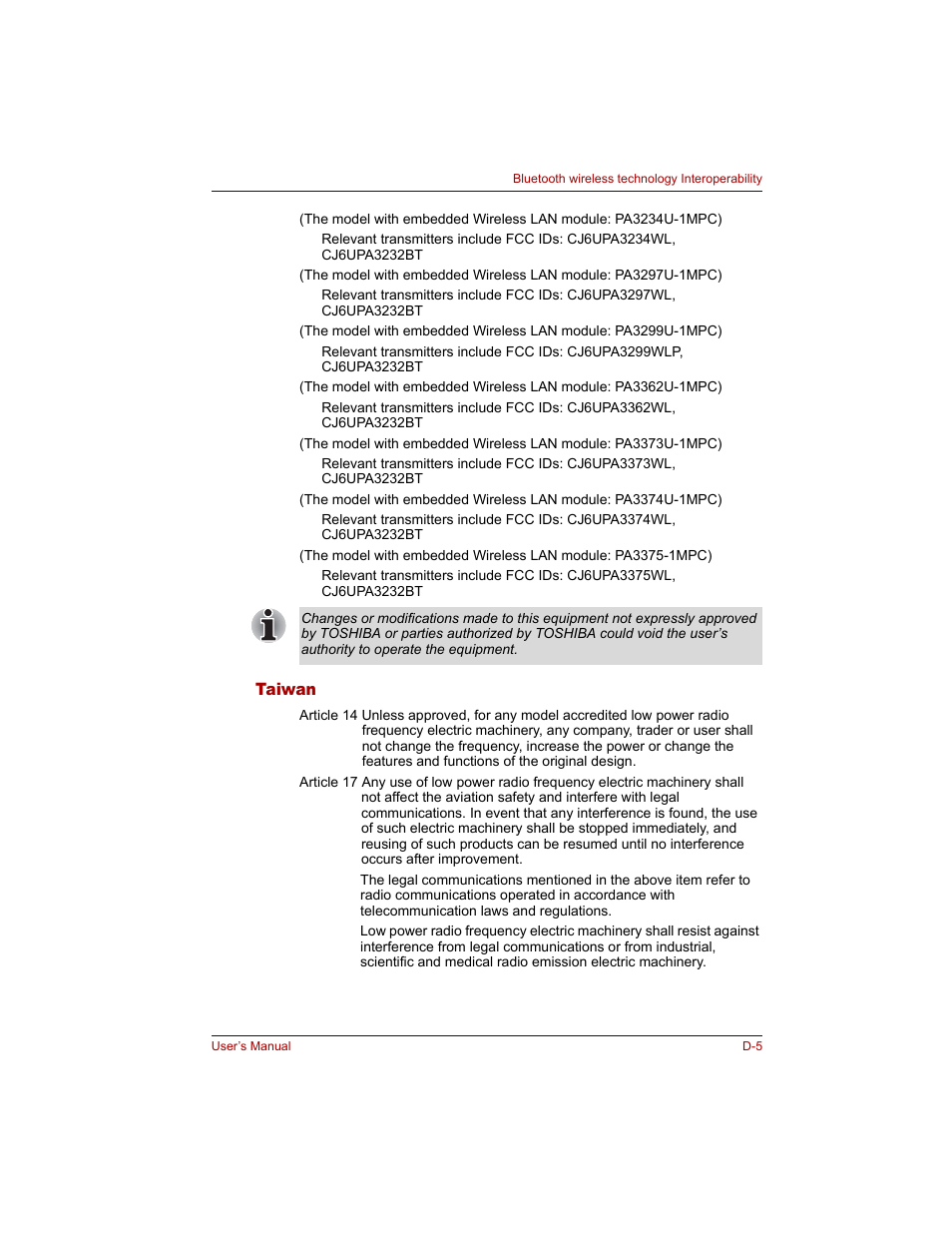 Taiwan | Toshiba M300 User Manual | Page 191 / 218