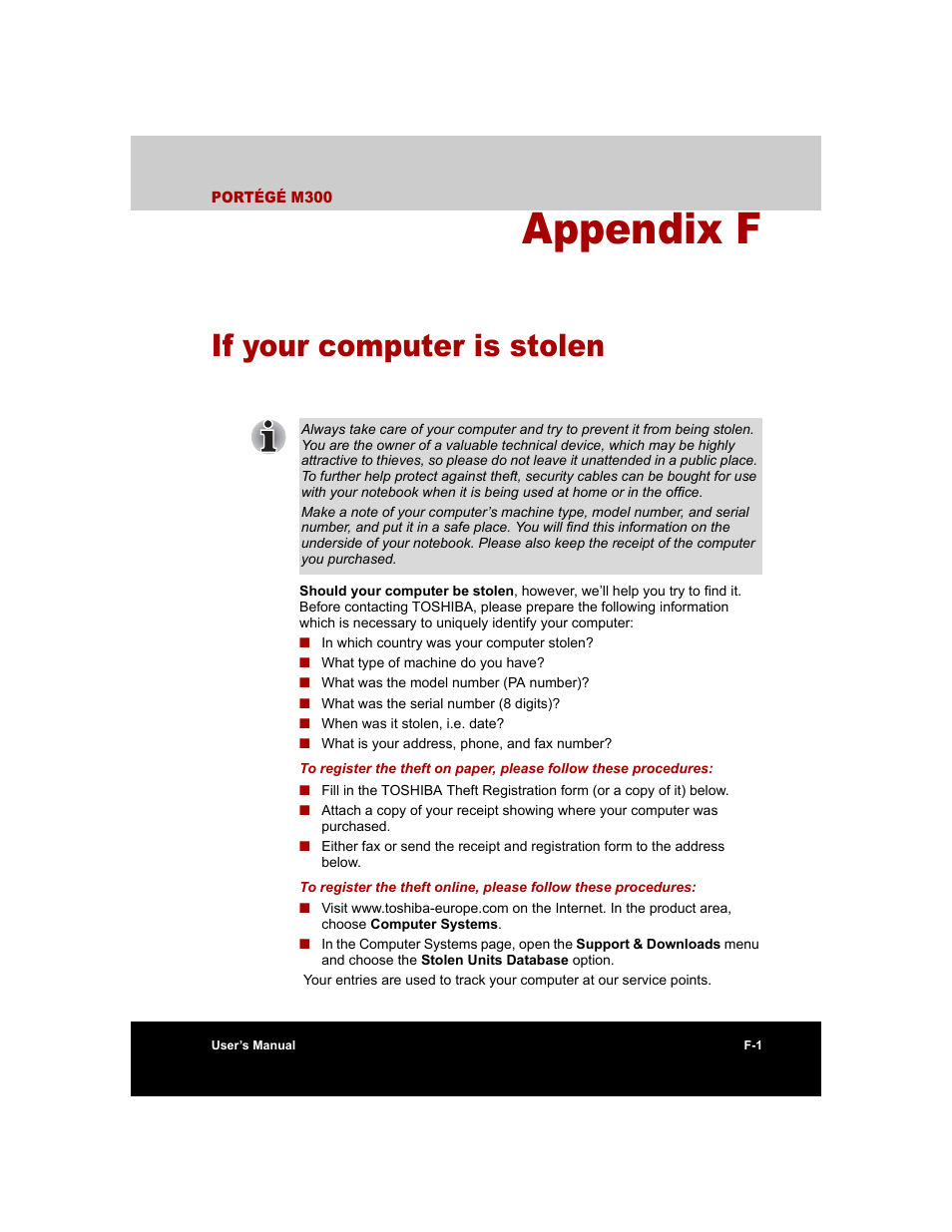 Appendix f - if your computer is stolen, Pendix f, If your computer is stolen | Appendix f | Toshiba M300 User Manual | Page 197 / 218