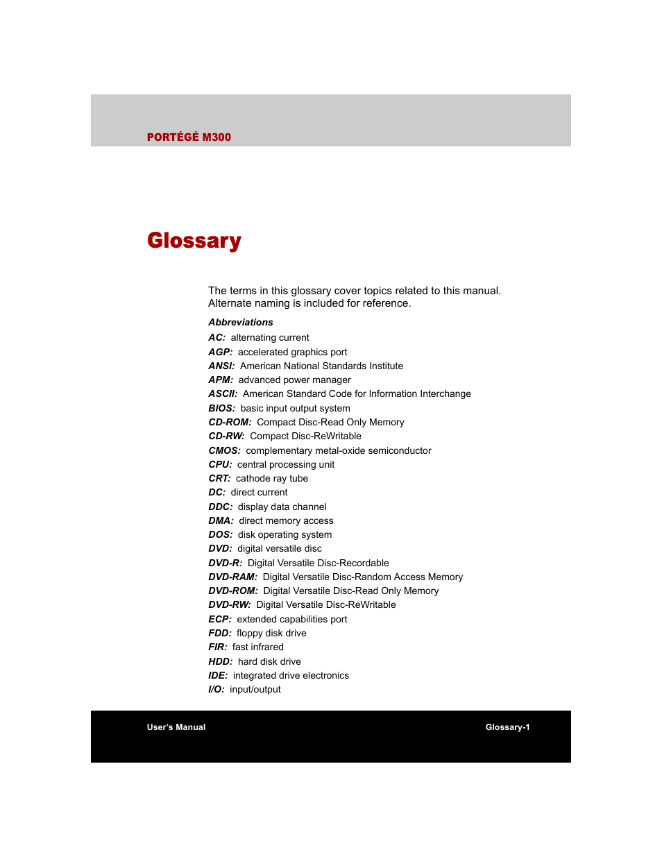 Glossary | Toshiba M300 User Manual | Page 199 / 218