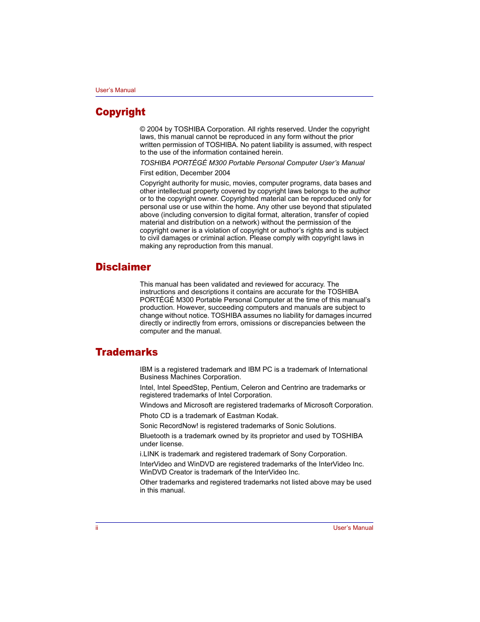 Copyright, Disclaimer, Trademarks | Toshiba M300 User Manual | Page 2 / 218