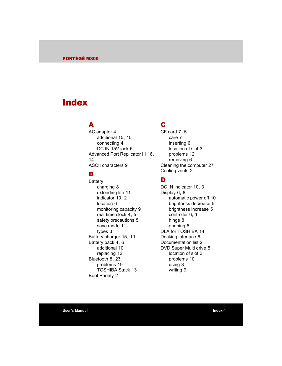 Index | Toshiba M300 User Manual | Page 213 / 218