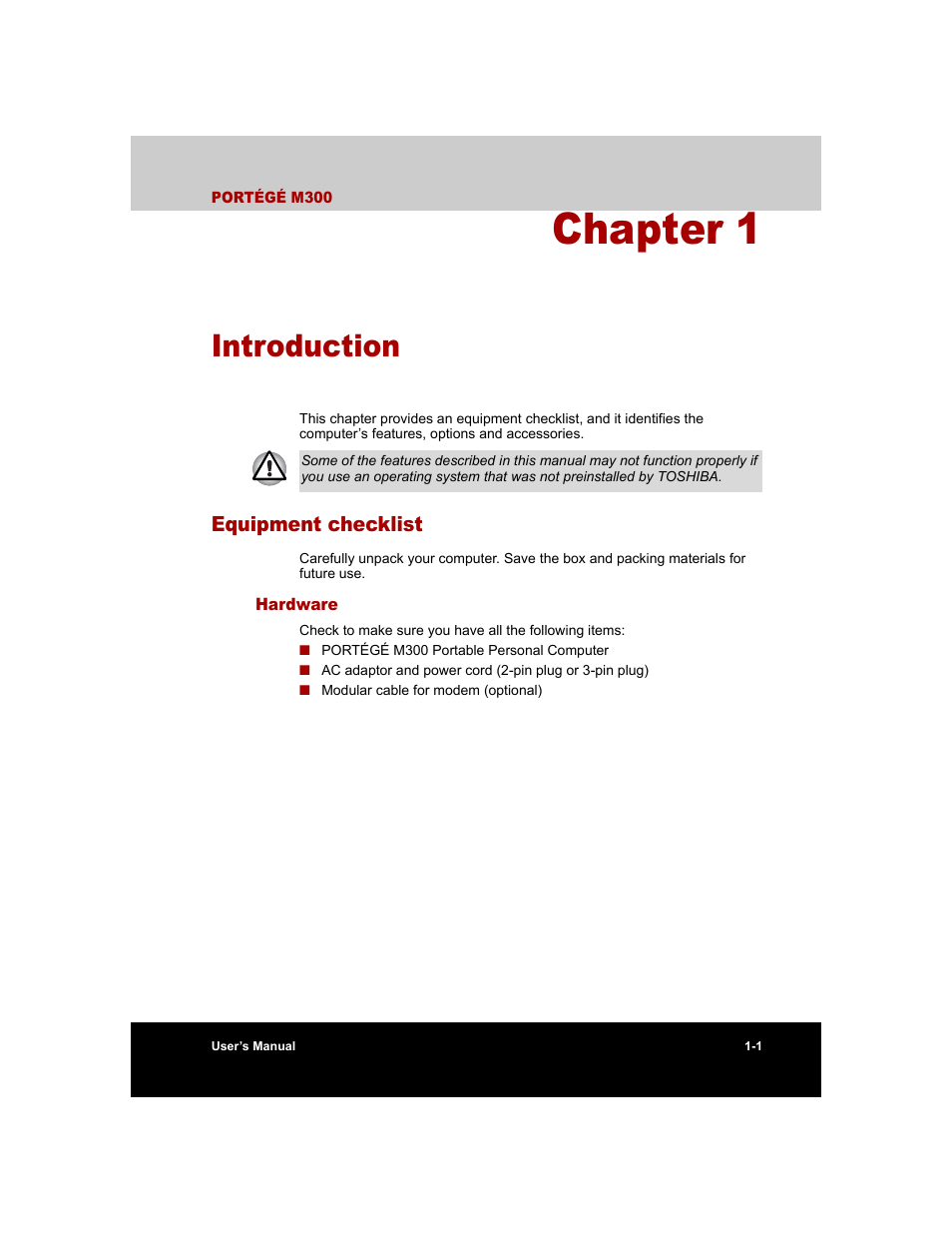 Chapter 1 - introduction, Equipment checklist, Hardware | Chapter 1, Introduction, Equipment checklist -1, Hardware -1, Is an overvie | Toshiba M300 User Manual | Page 25 / 218