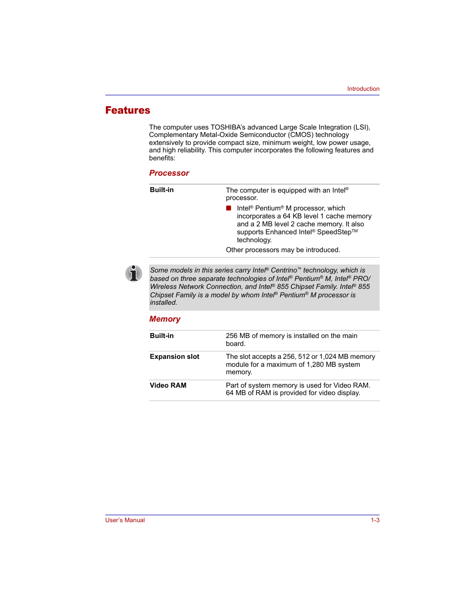 Features, Features -3 | Toshiba M300 User Manual | Page 27 / 218