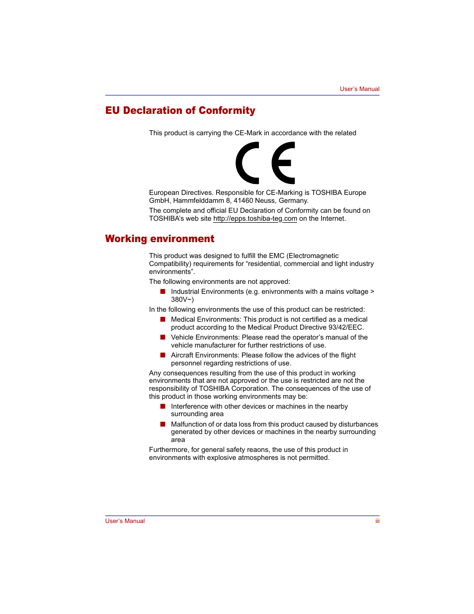 Eu declaration of conformity, Working environment | Toshiba M300 User Manual | Page 3 / 218