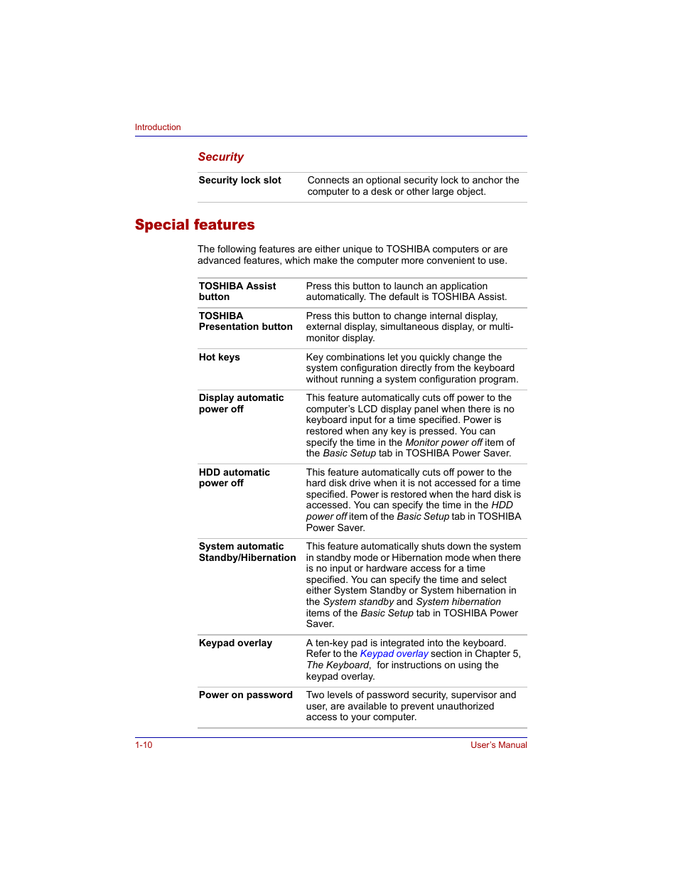 Special features, Special features -10 | Toshiba M300 User Manual | Page 34 / 218