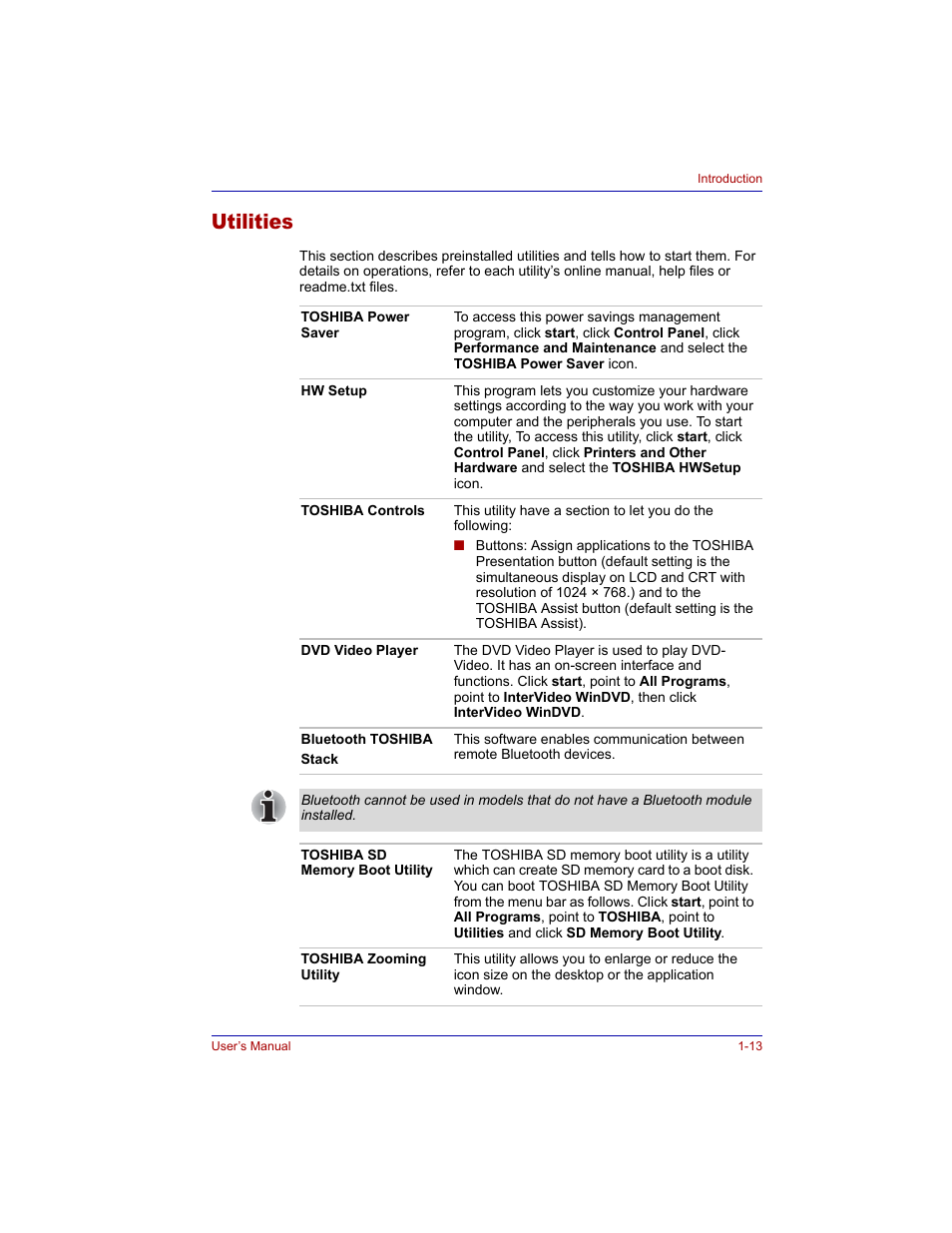 Utilities, Utilities -13 | Toshiba M300 User Manual | Page 37 / 218