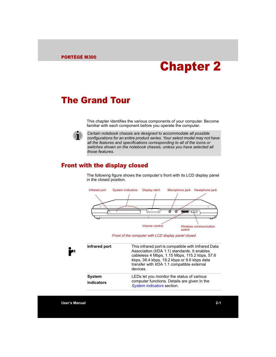 Chapter 2 - the grand tour, Front with the display closed, Chapter 2 | The grand tour, Front with the display closed -1 | Toshiba M300 User Manual | Page 41 / 218