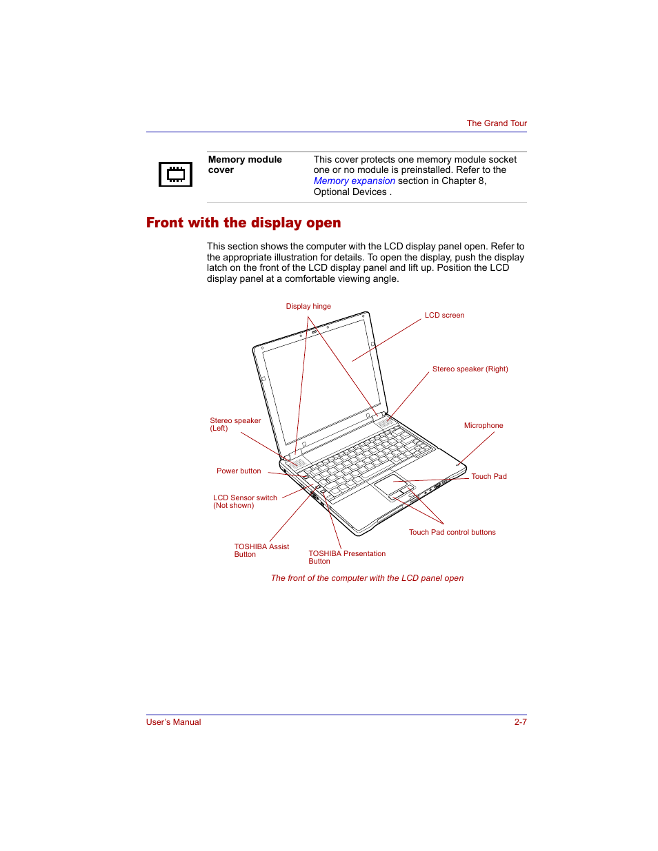 Front with the display open, Front with the display open -7 | Toshiba M300 User Manual | Page 47 / 218