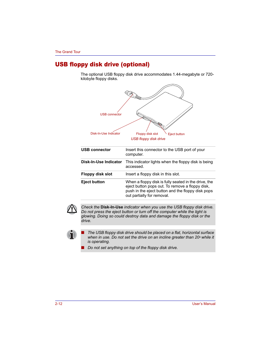 Usb floppy disk drive (optional), Usb floppy disk drive (optional) -12 | Toshiba M300 User Manual | Page 52 / 218